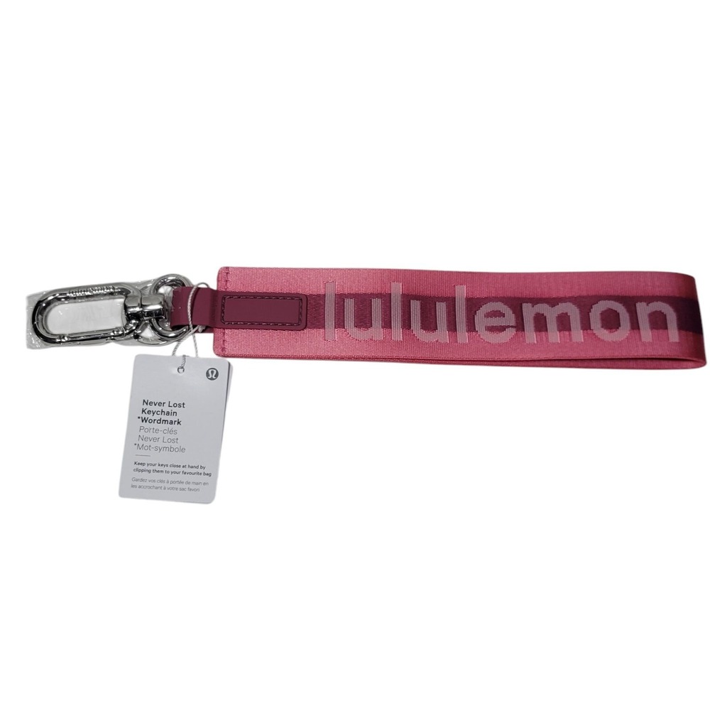Lululemon Never Lost Keychain Wordmark Sakura Pink Mauve 1.7" x 12" Key Clip NEW